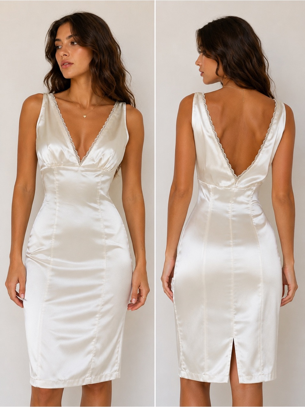 Bebe Ivory Satin Lace Trim Midi Dress XS